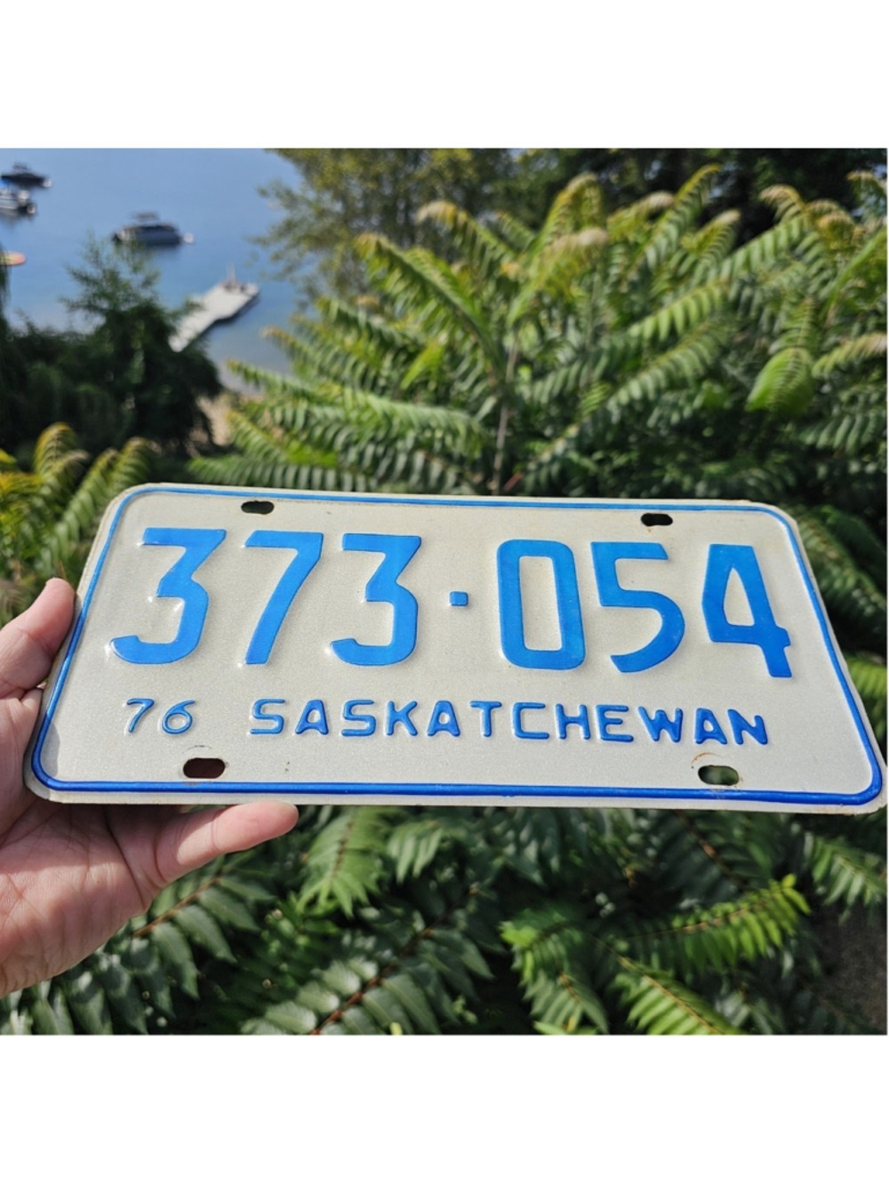 1976 Saskatchewan License Plate 373-054 Vintage Canadian Blue White Embossed